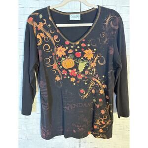Cactus Bay women’s long sleeve T-shirt fall leaves rhinestones pumpkin patch￼